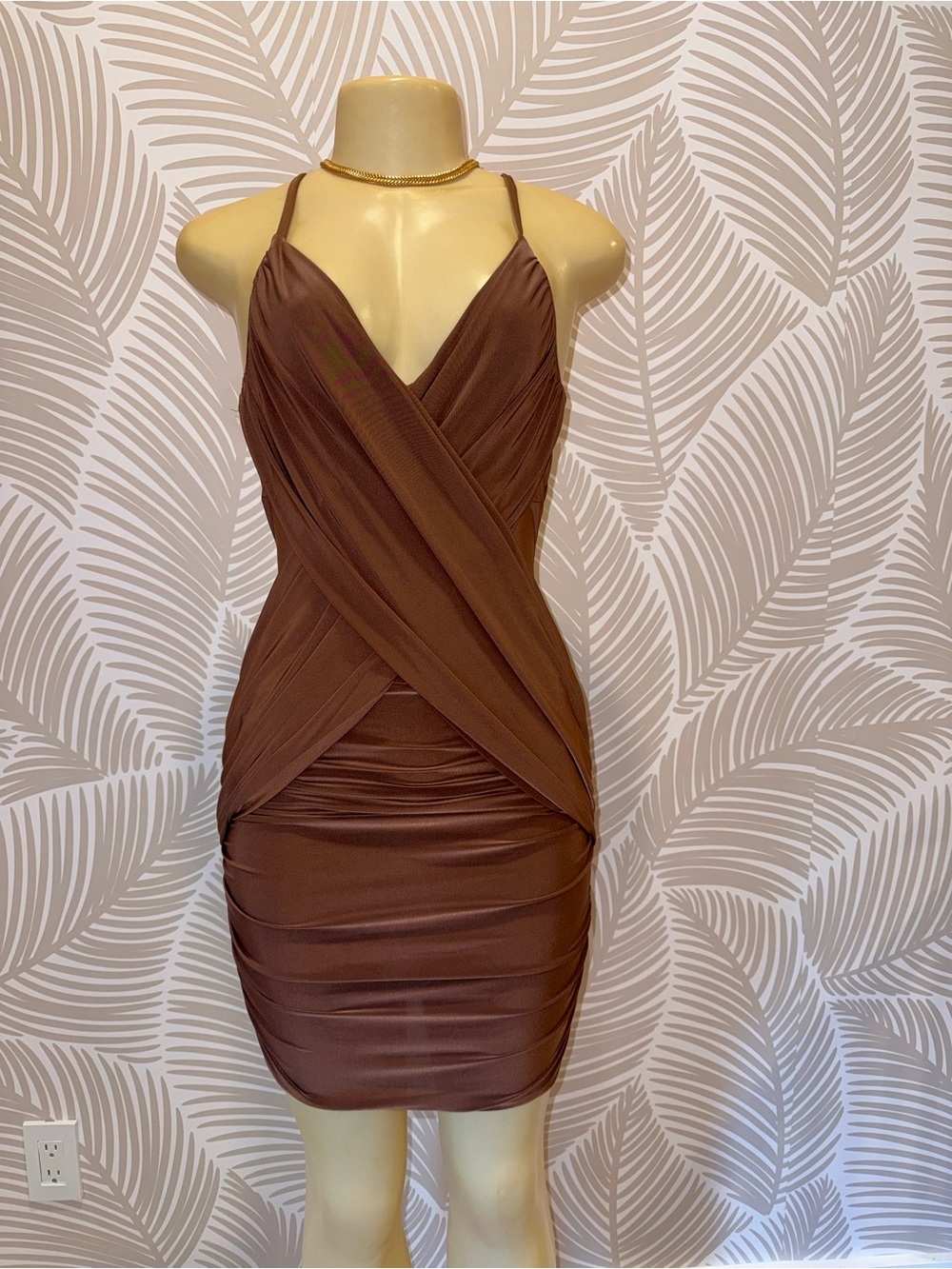 Brown Ruched Wrap-Front Spaghetti Strap Dress